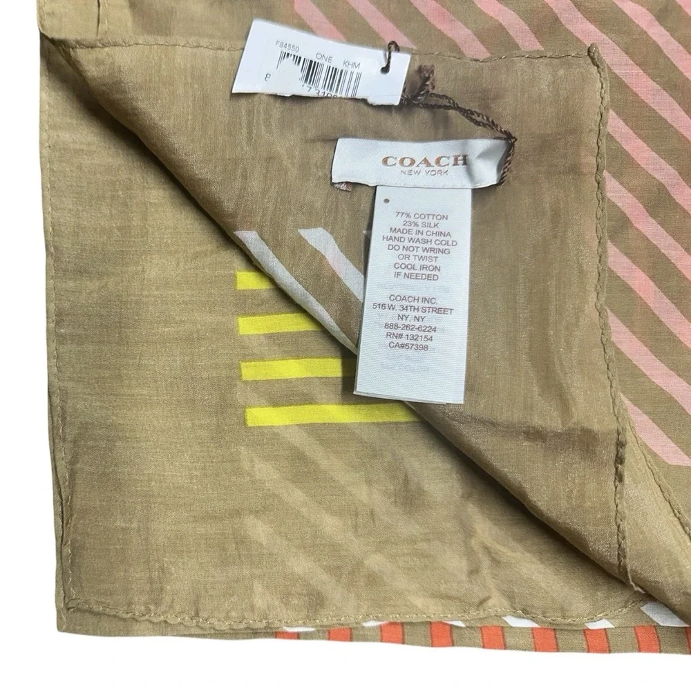 Coach New York XL Geometric Striped Scarf Wrap Sarong 68x46 Cotton Silk NWT